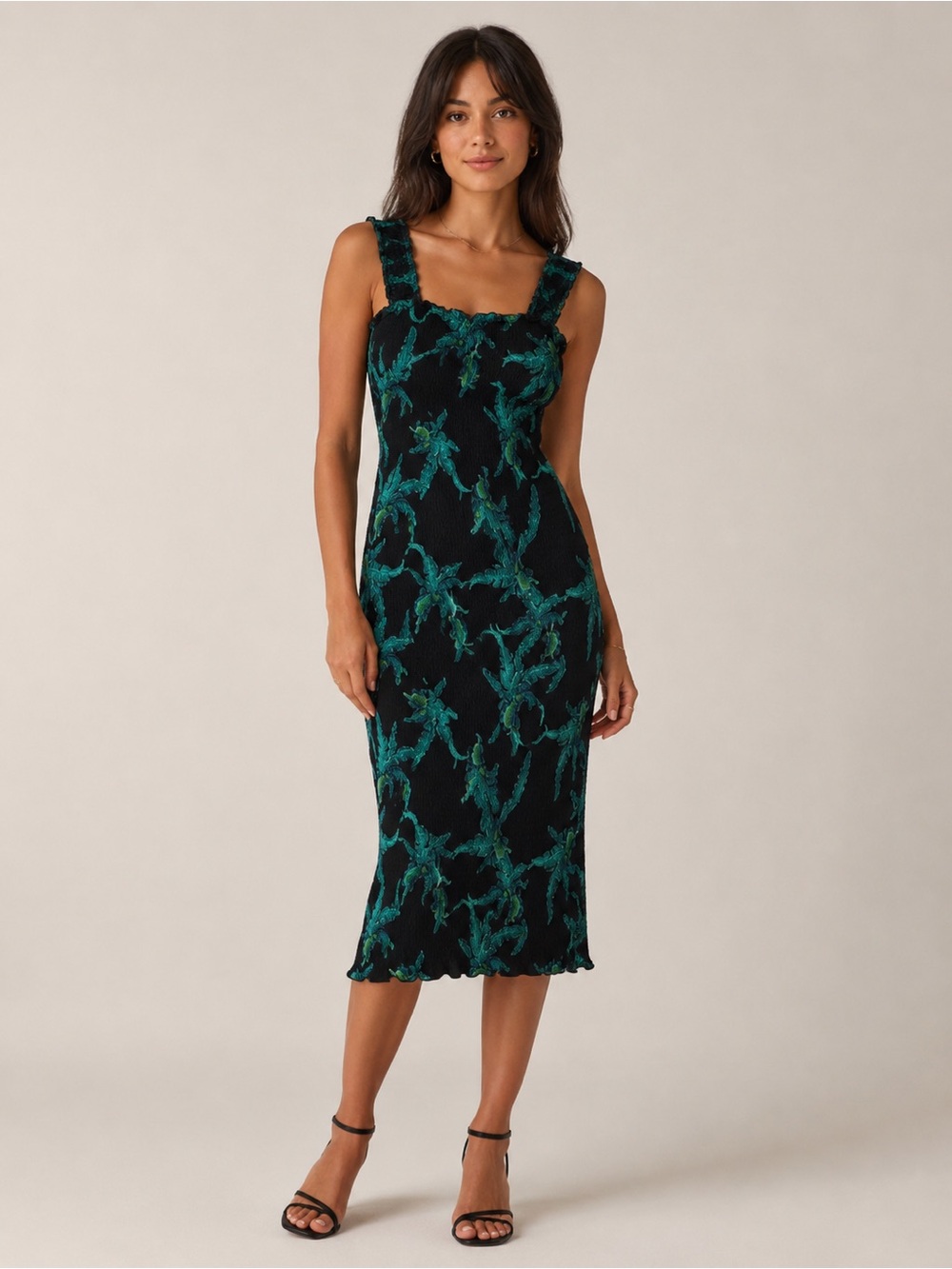 SNDYS‎ Everyday Shirred Palm Print Midi Dress – Size Small